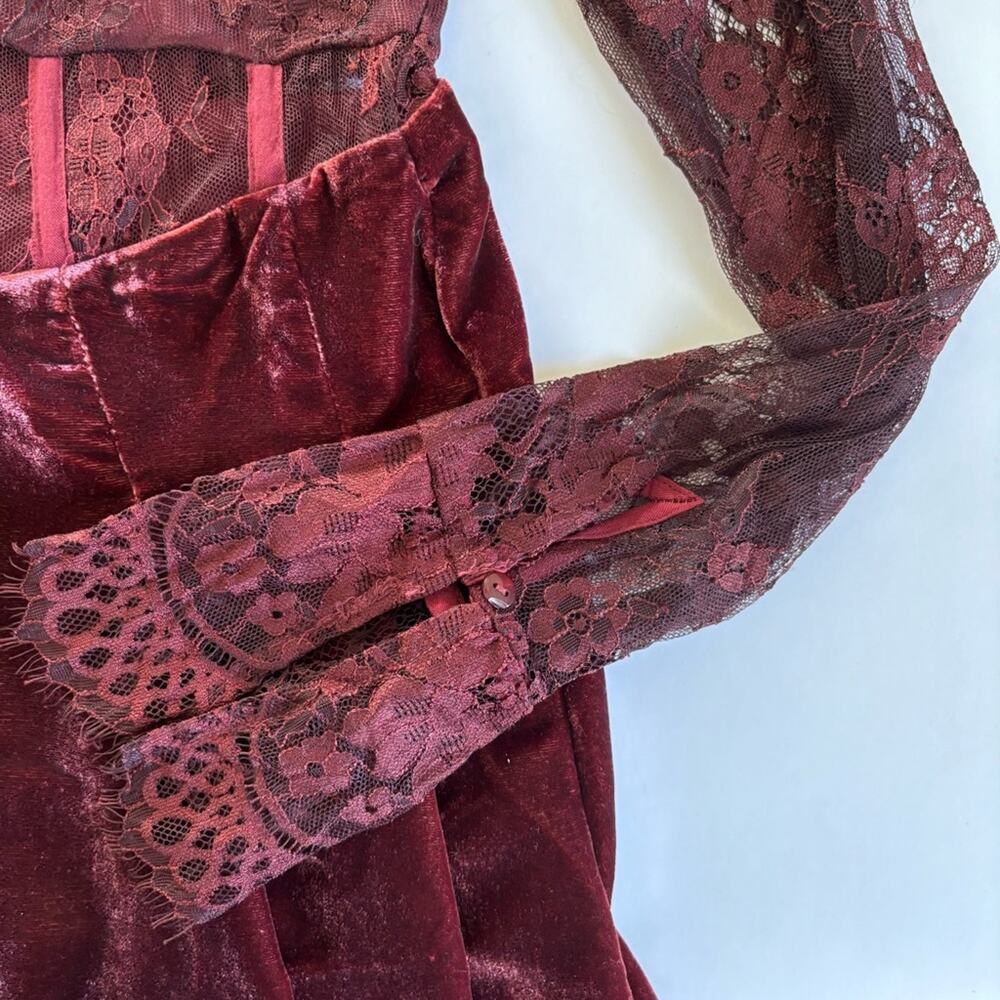 Free People Marlie Garnet Red Lace Long Sleeve Velvet Mini Dress Size Small - Picture 6 of 11